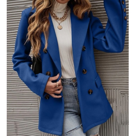 Classic Blue Double Breast Button Up Jacket Coat - Picture 2 of 14